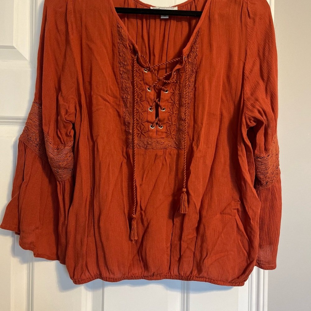 Boho Lace-Up Blouse in Rust